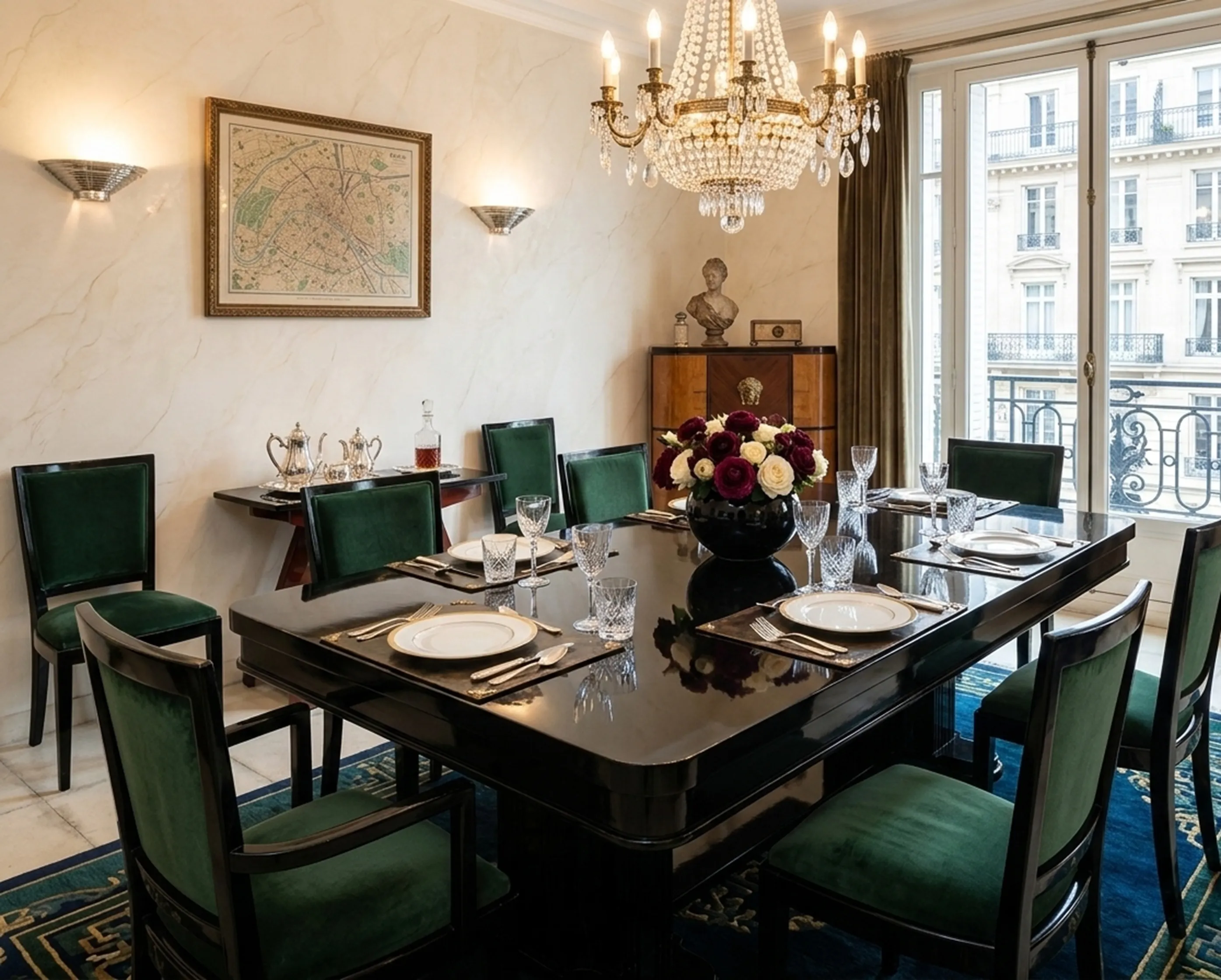 Antique dining table elegantly set with green chairs and sparkling tableware, surrounded by a refined atmosphere.