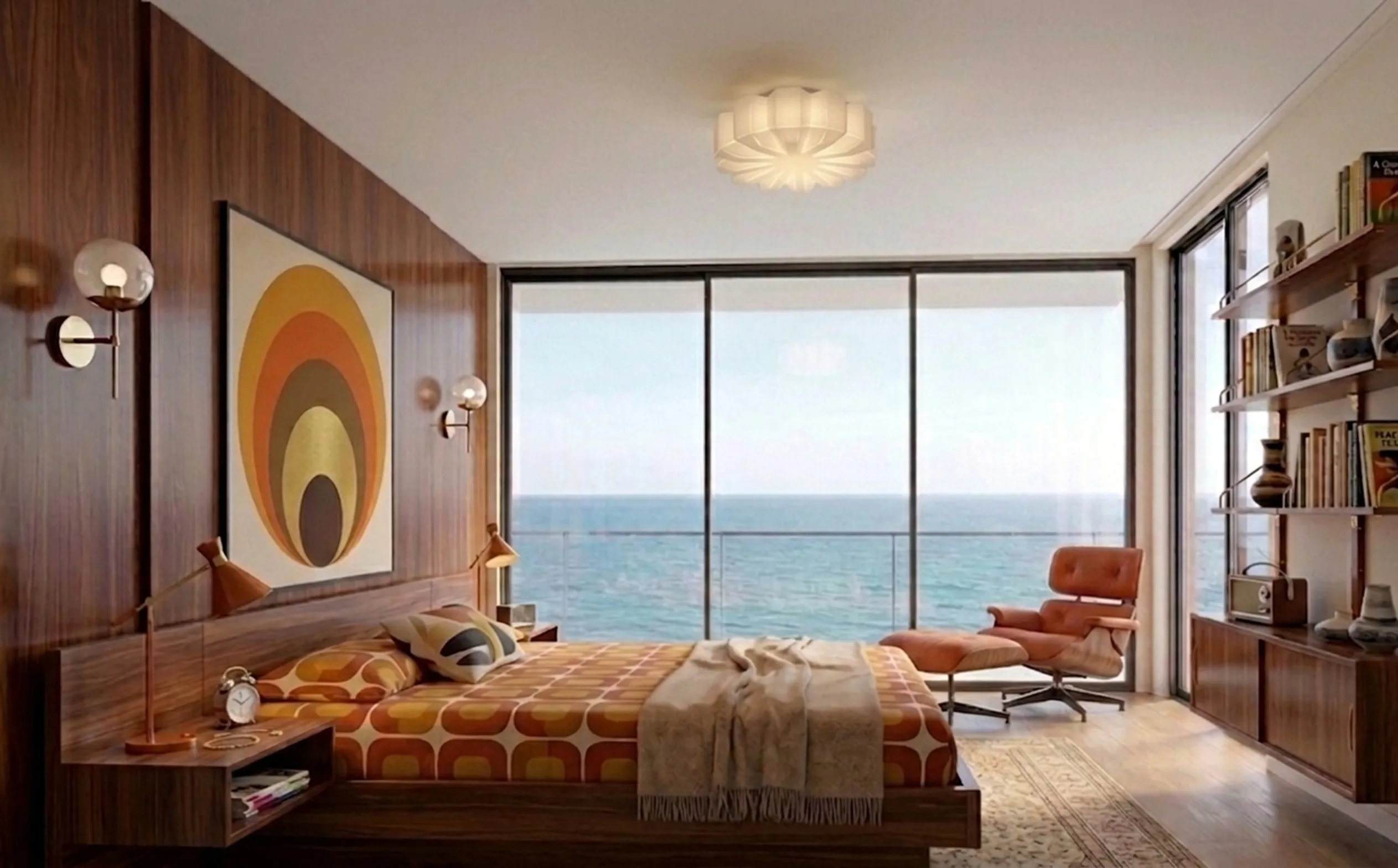 antique ceiling light in a room with sea view