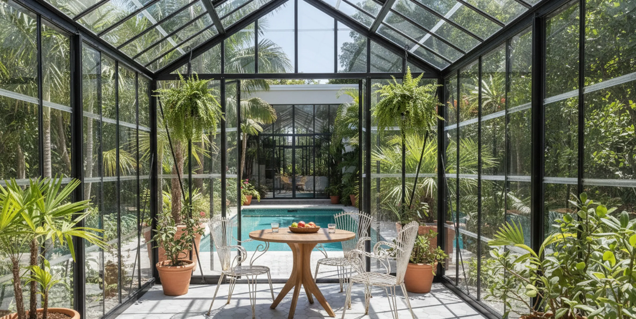 Four antique garden armchairs in a greenhouse with green plants