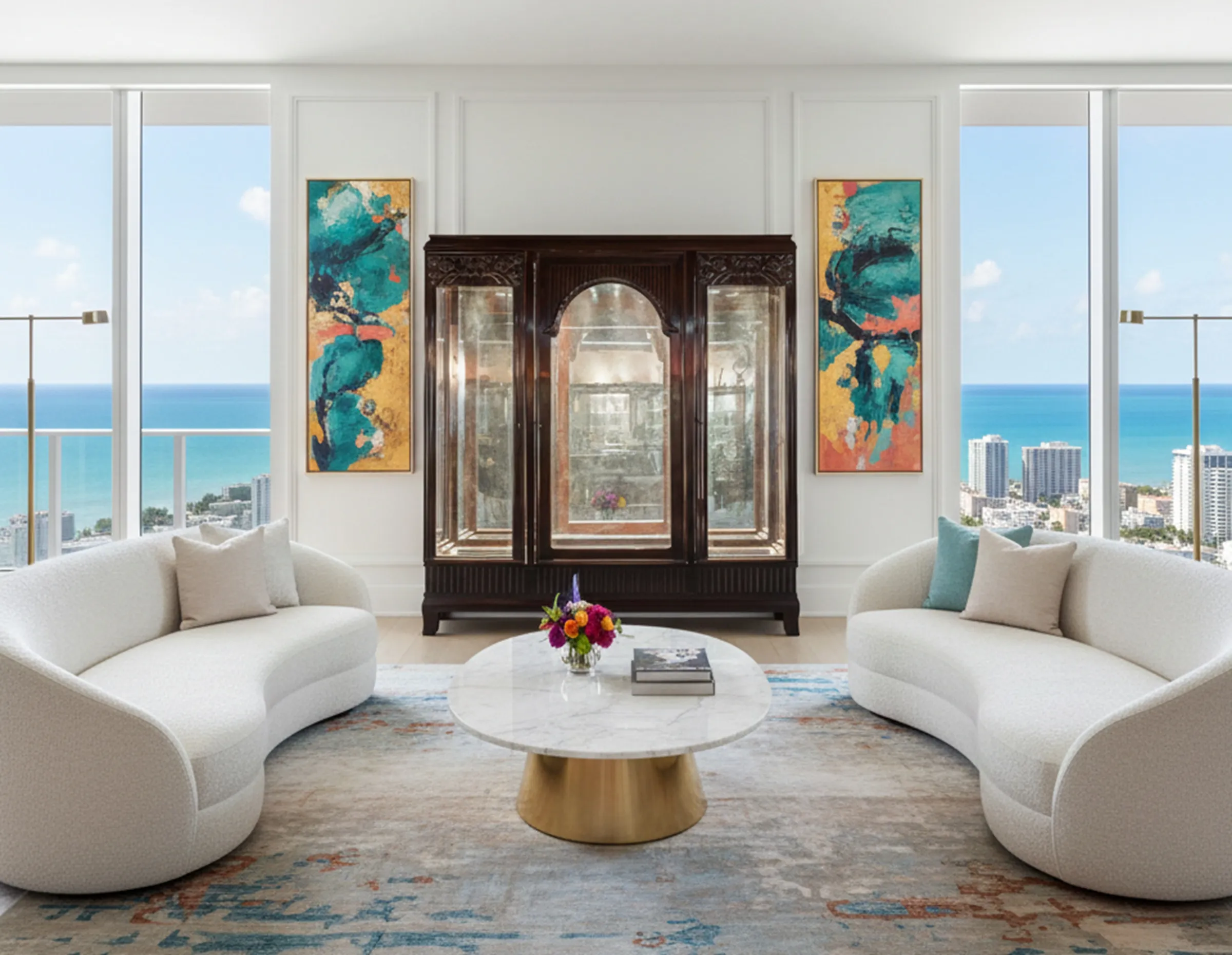 antique display cabinet with intricate details and exhibition space, overlooking a coastal view