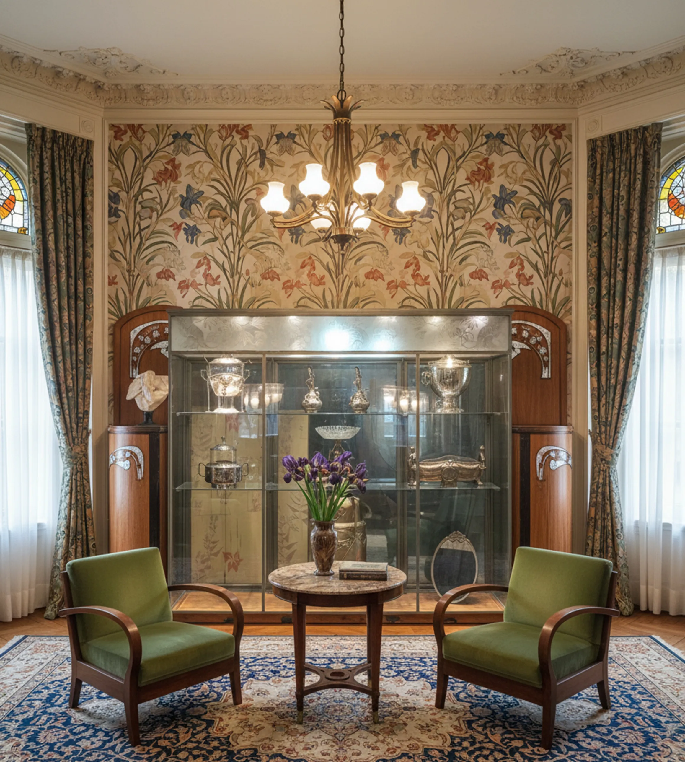 Antique display cabinet with showcased items in a classic setting