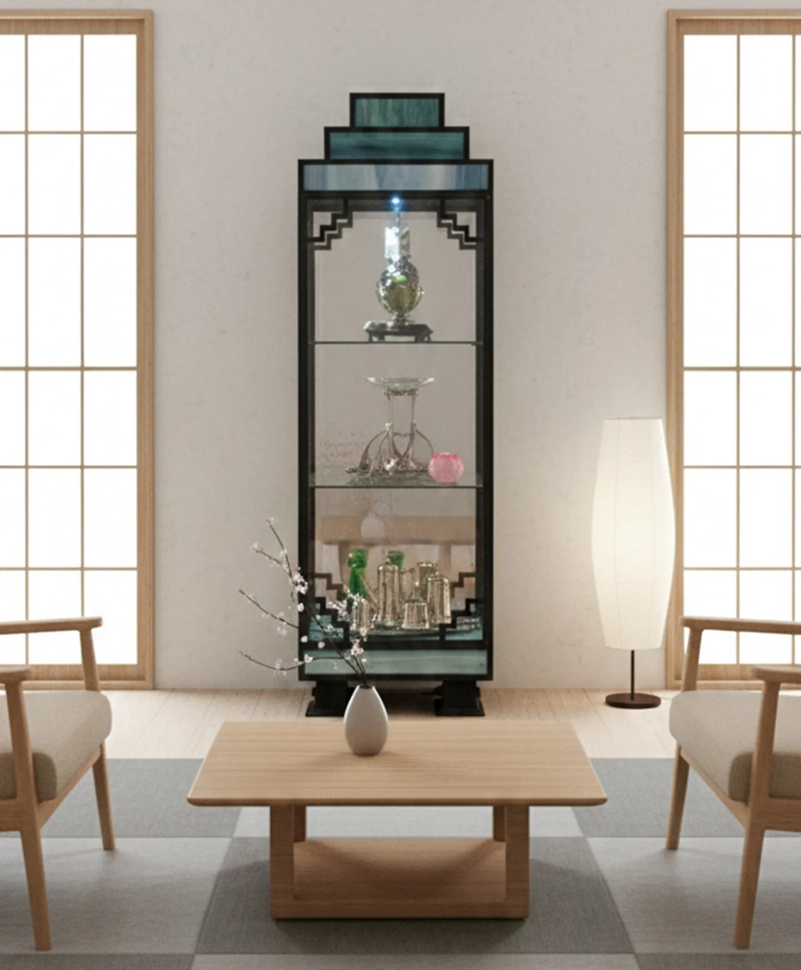 antique display cabinet with decorations inside in cozy setting