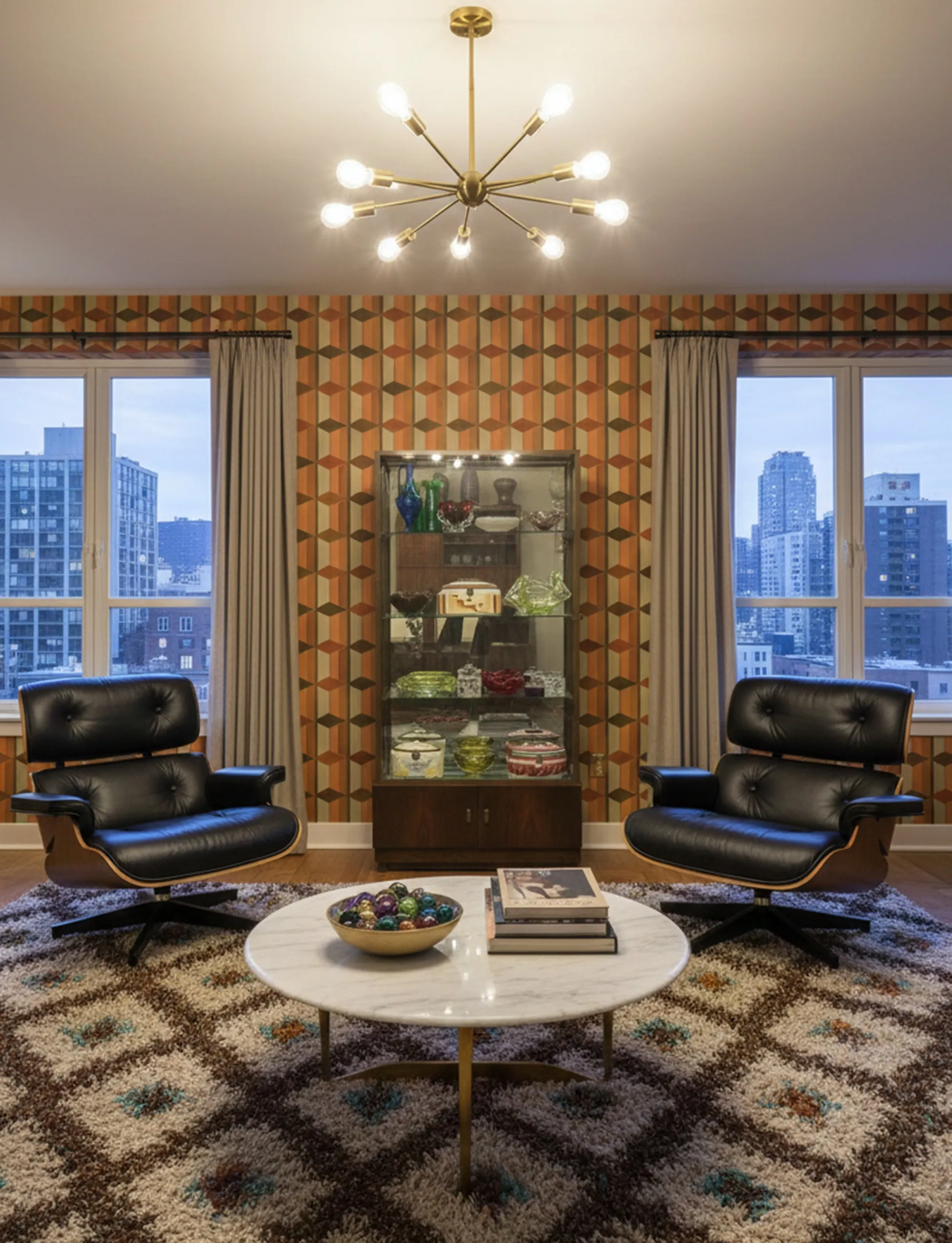 Antique display cabinet showcasing a varied collection in a cozy setting