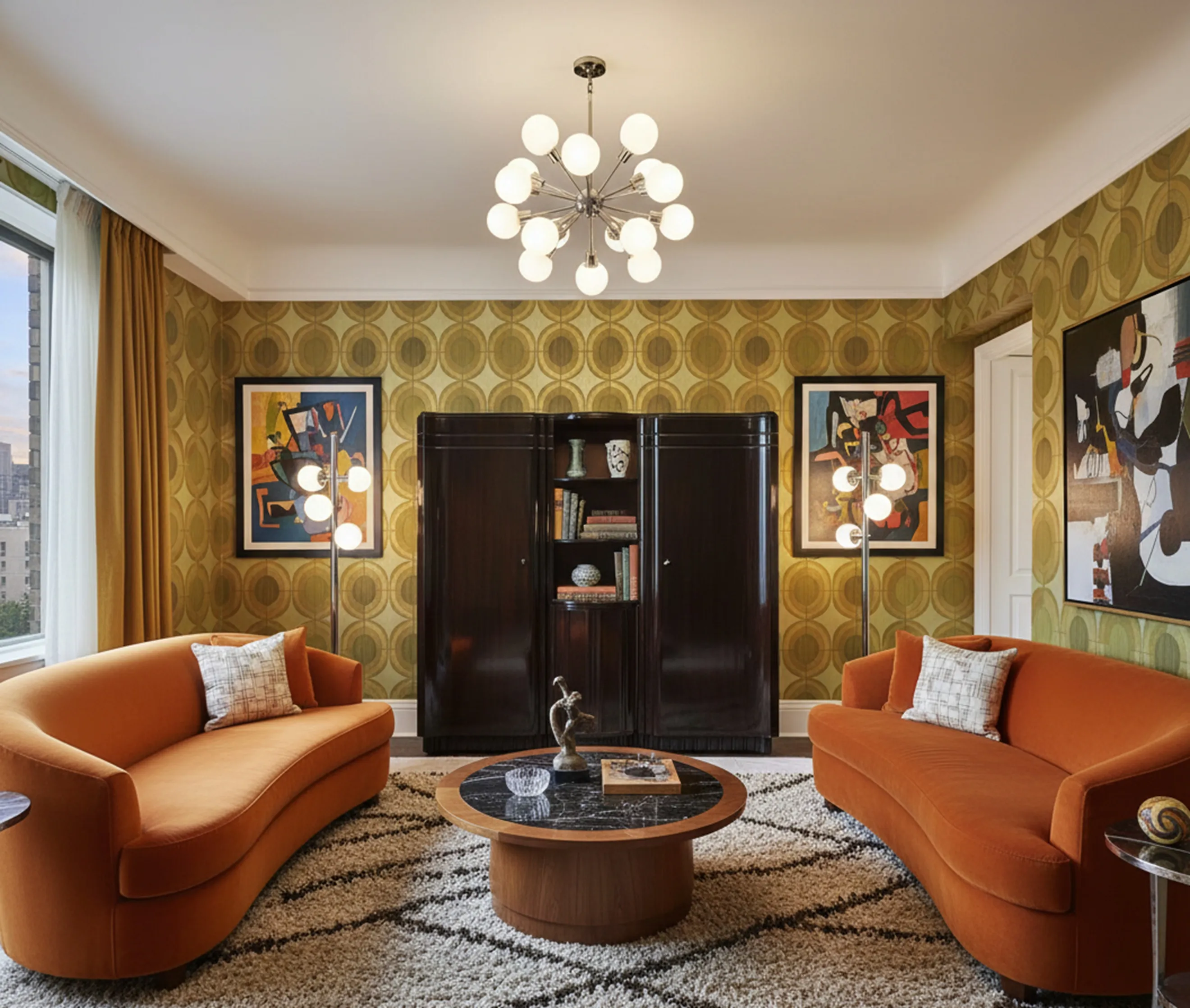 Antique bar with shelves and elegant decor in a cozy living room.