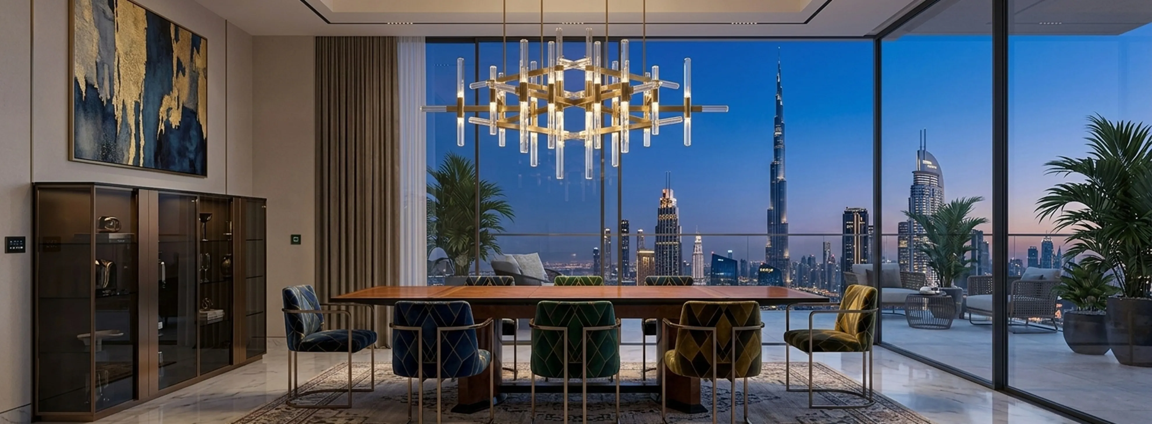 Antique dining table for 12 people in an elegant setting