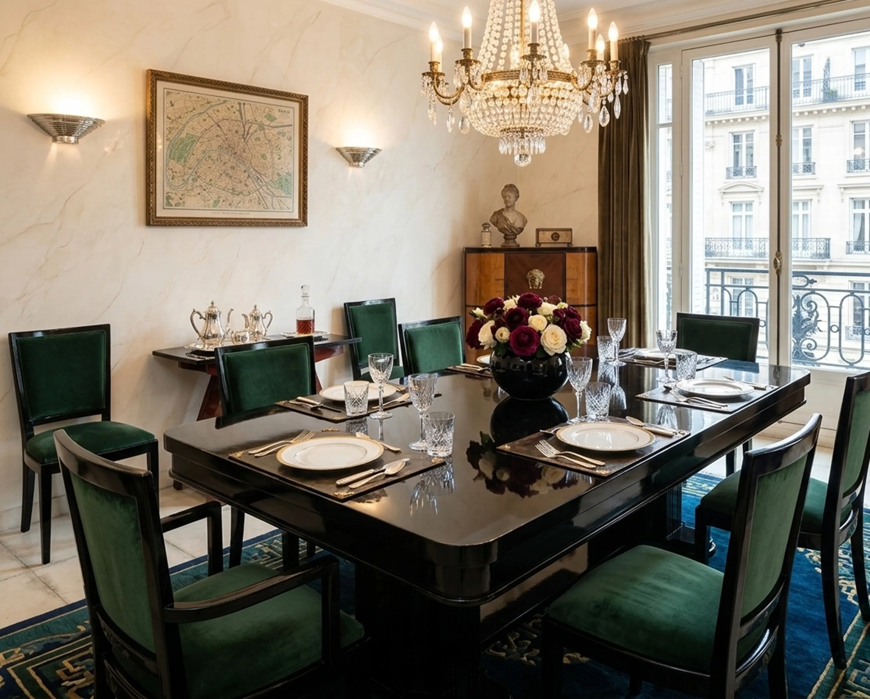 Antique dining table for 10 people, elegant setting