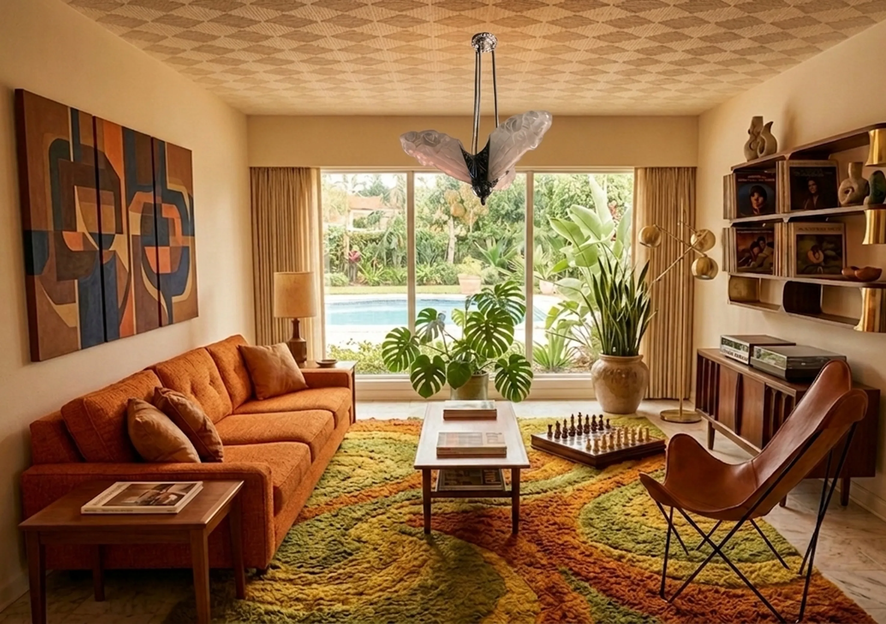 Antique hanging lamp with unique design in living room, features beautiful decor.