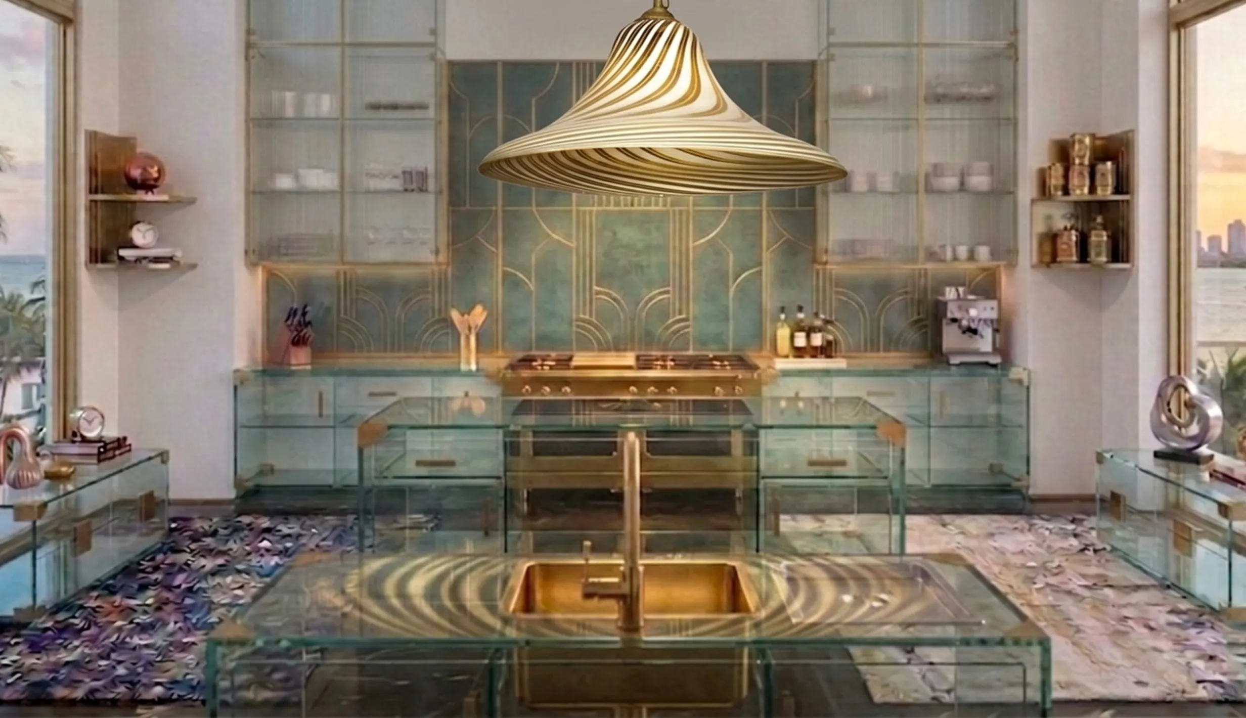 elegant antique hanging lamp in a modern kitchen setting