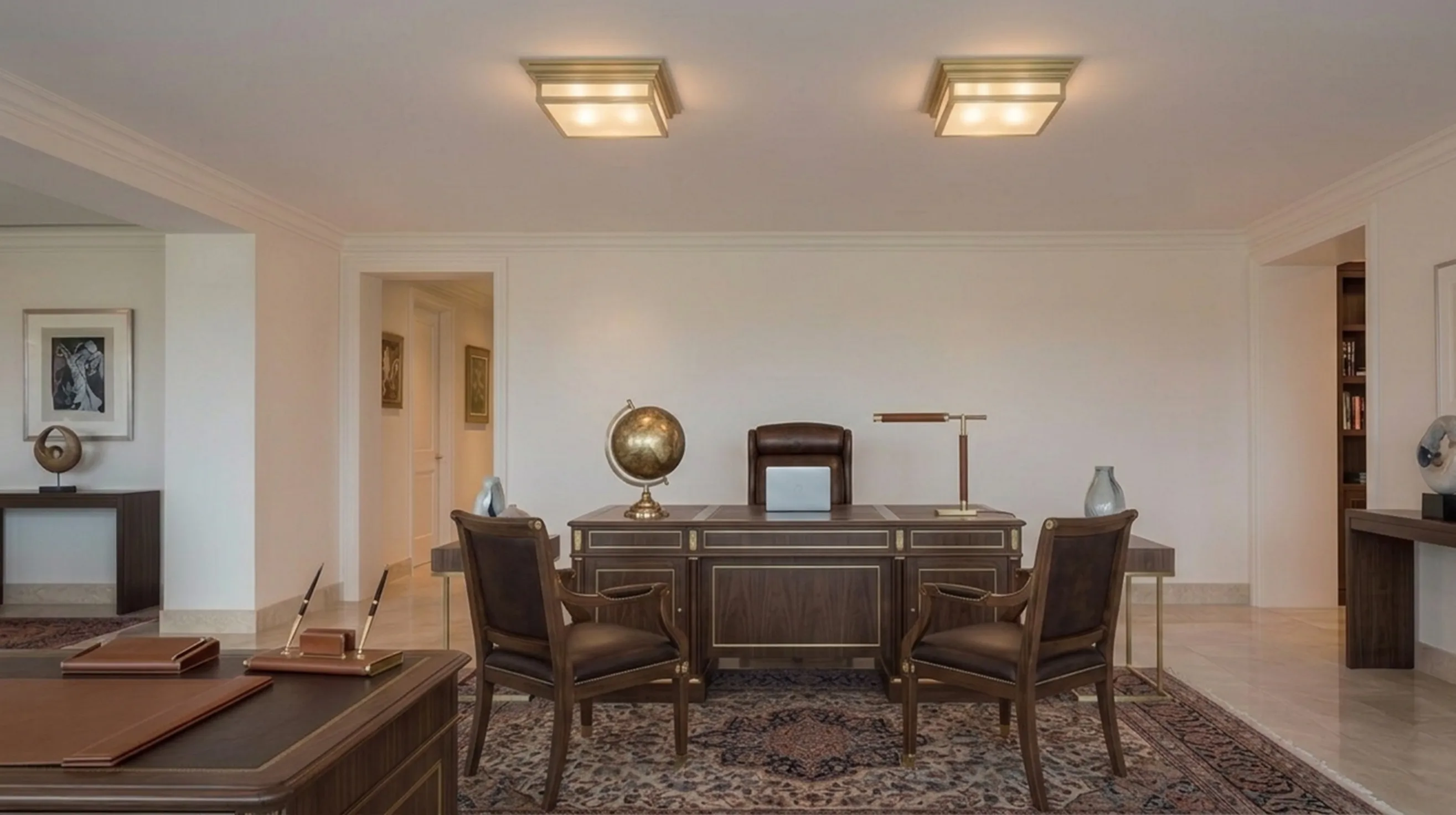 antique ceiling lights in an elegant office setting, featuring a desk and chair