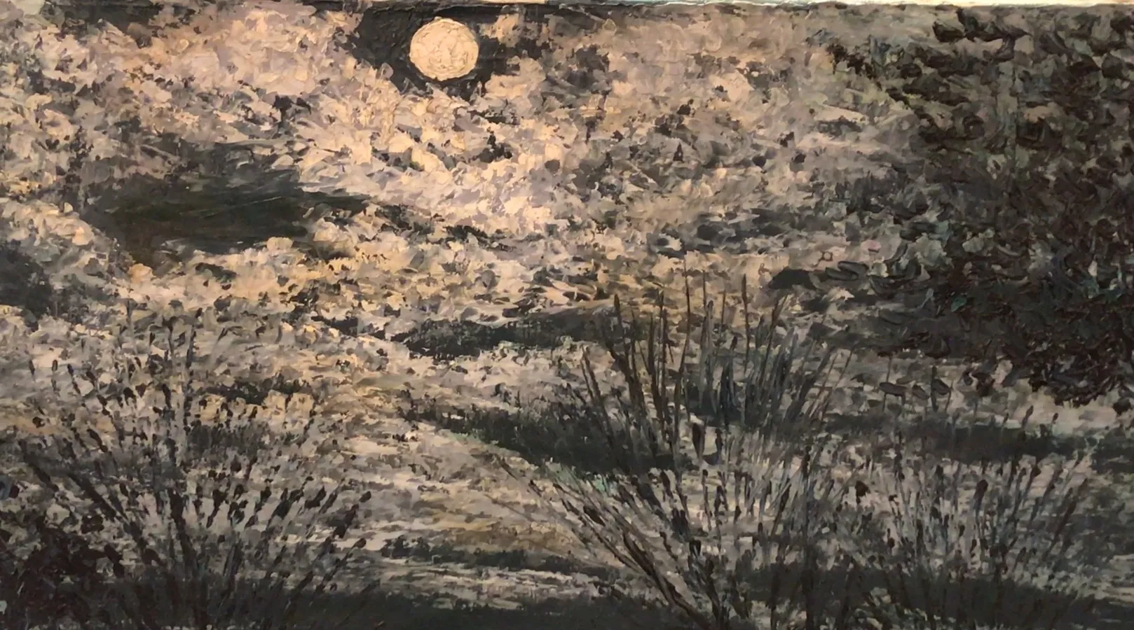 pintura antiga de paisagem iluminada pela lua