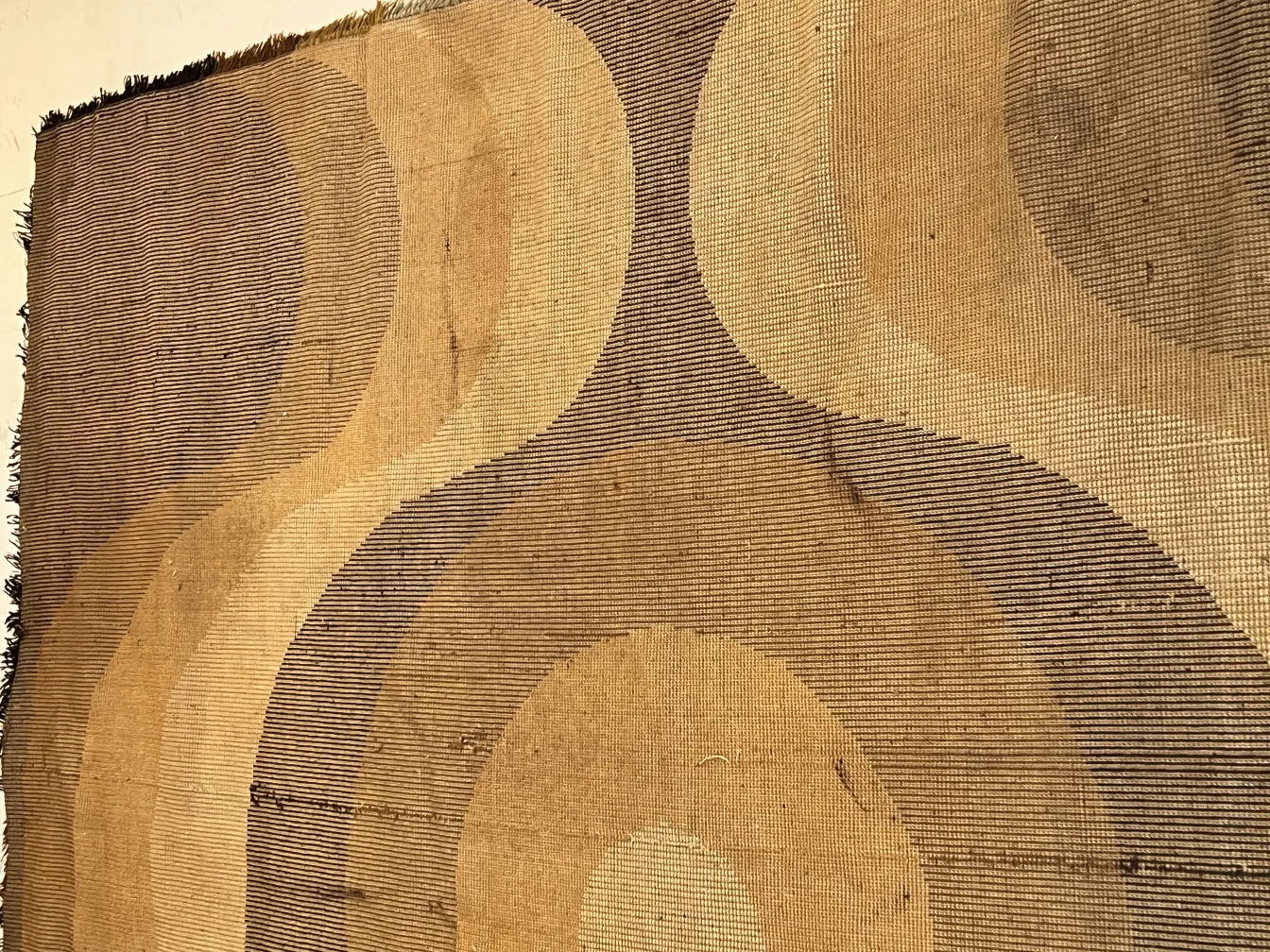 Tappeto antico con tonalità terracotta e motivi ondulati, atmosfera accogliente.