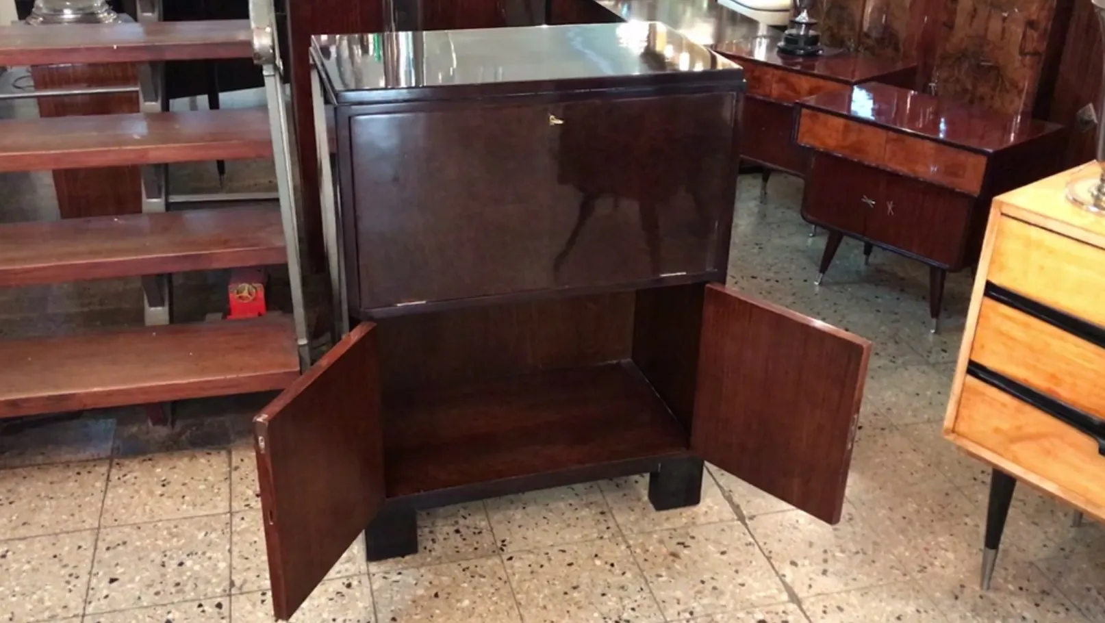 Antique bar cabinet with open doors, classic and stylish