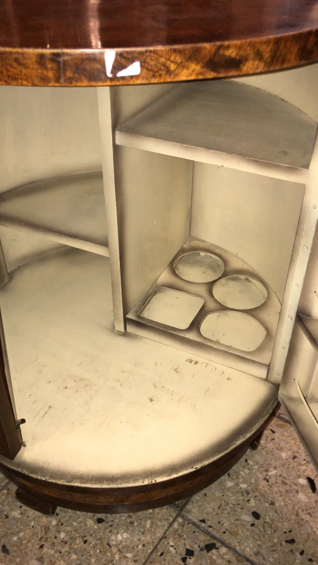 Interior of an antique bar with shelves.
