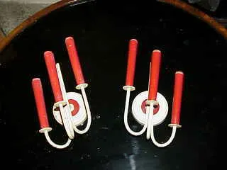 antique pair of sconces Jean royère with red arms and white bases