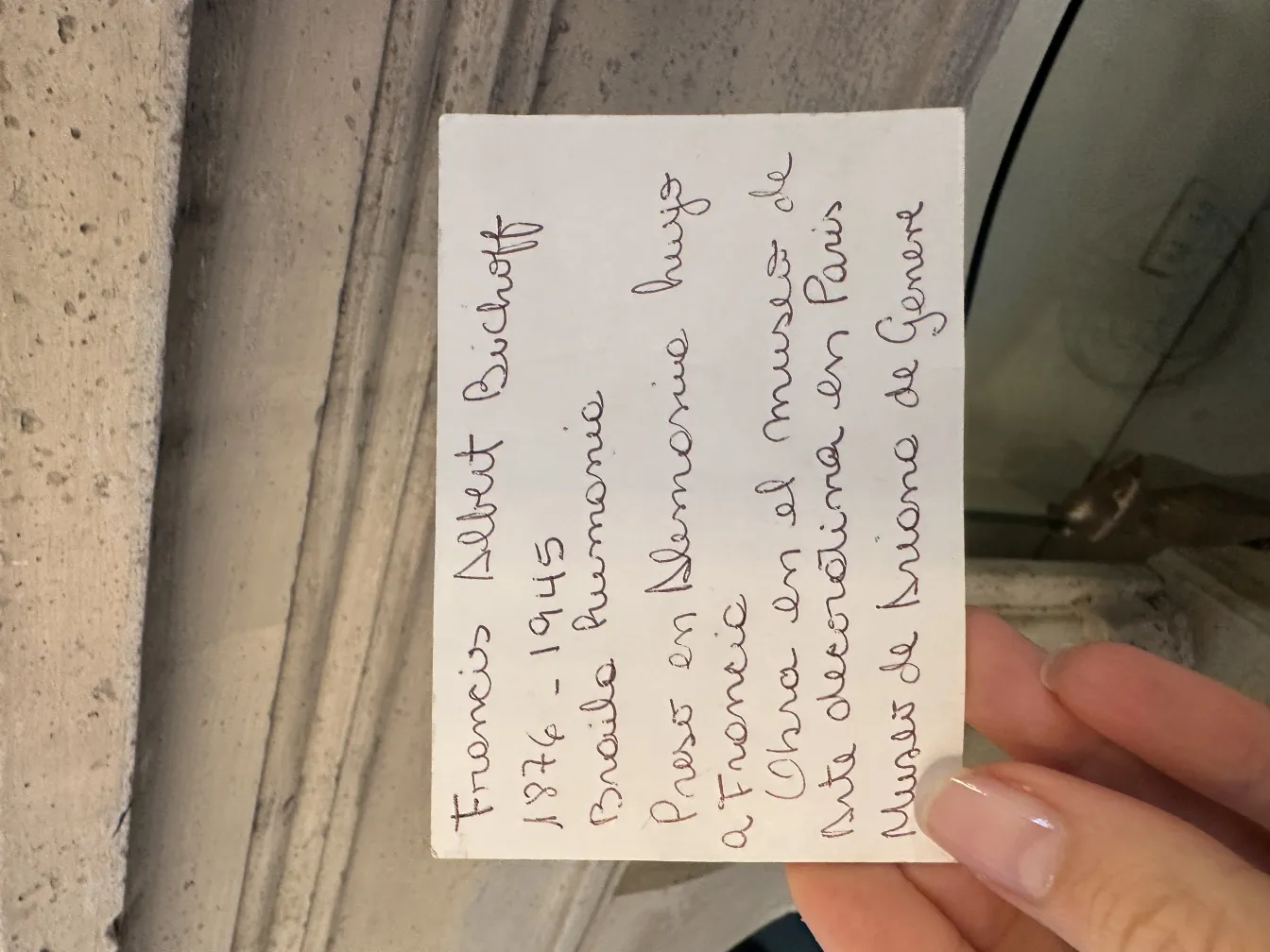 Handwritten note about ancient ceramic found in France