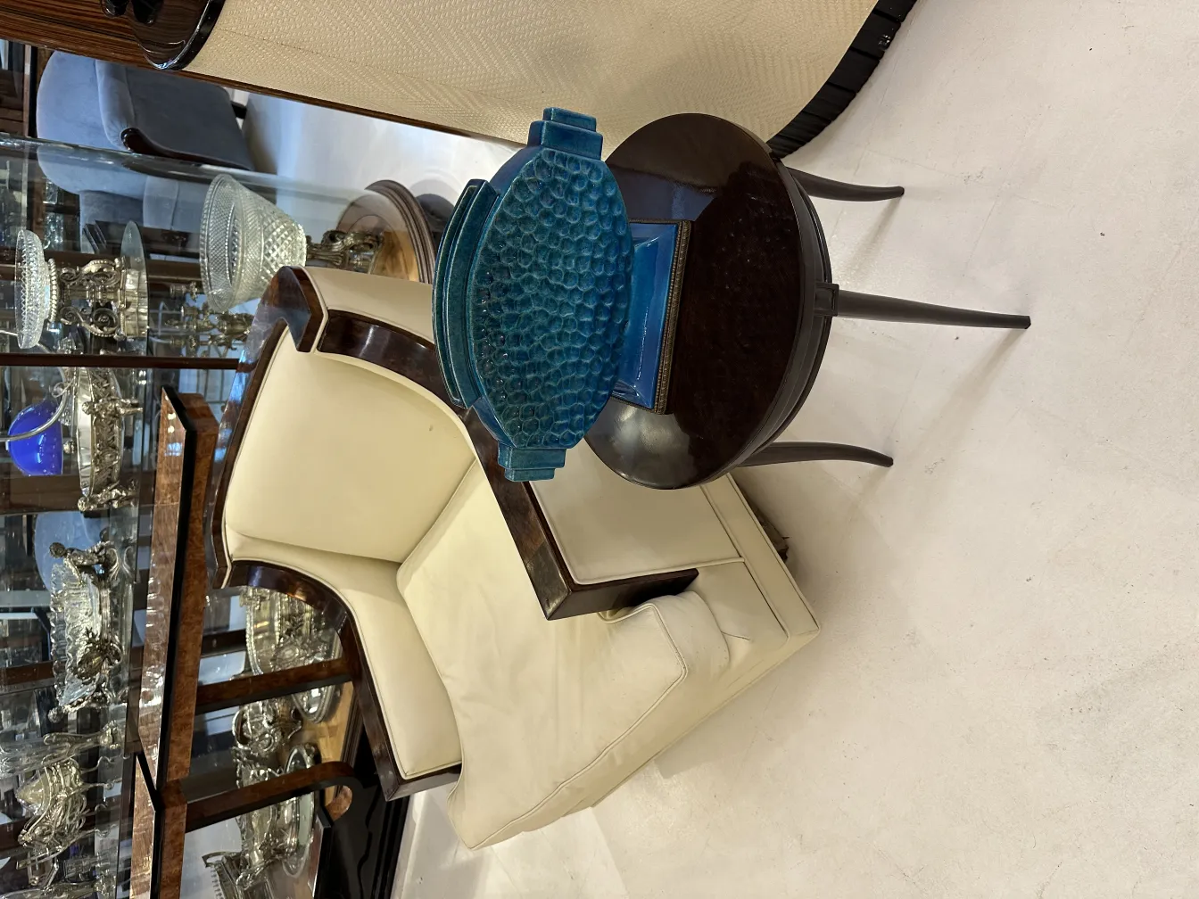 Antique blue ceramic with texture, decorative on table.