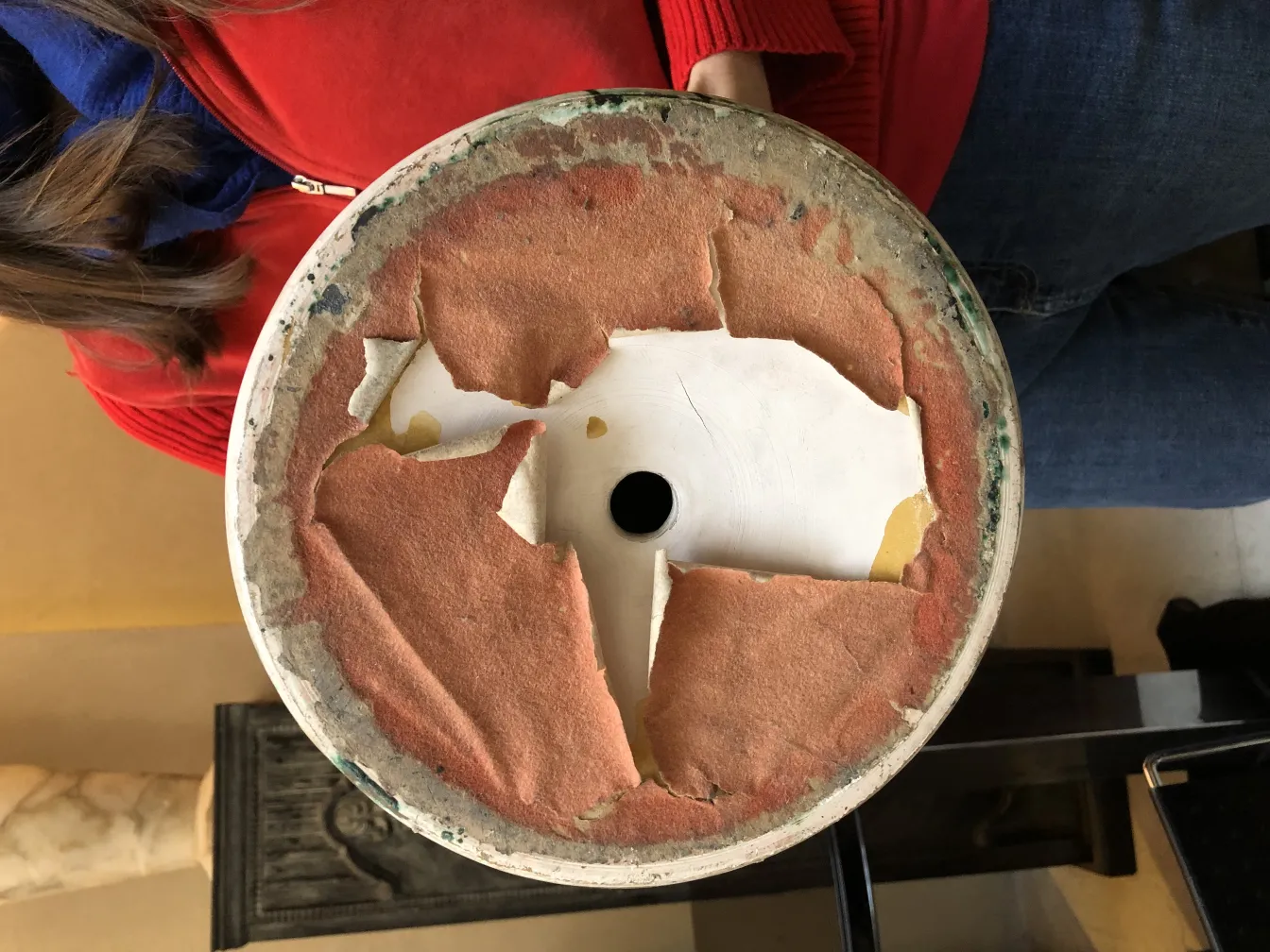 Bottom view of an antique decorative ceramic with color details