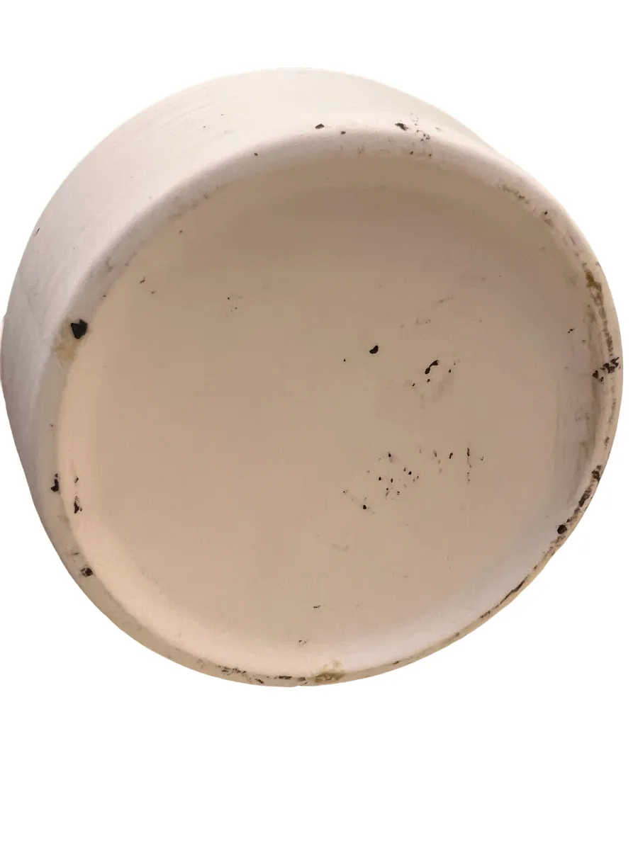 Bottom view of an antique white ceramic with natural markings.
