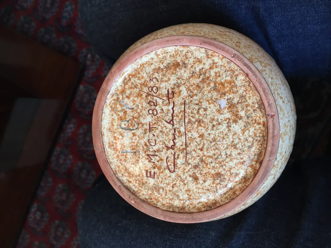 Antique decorative ceramic with interesting texture and visible signature.