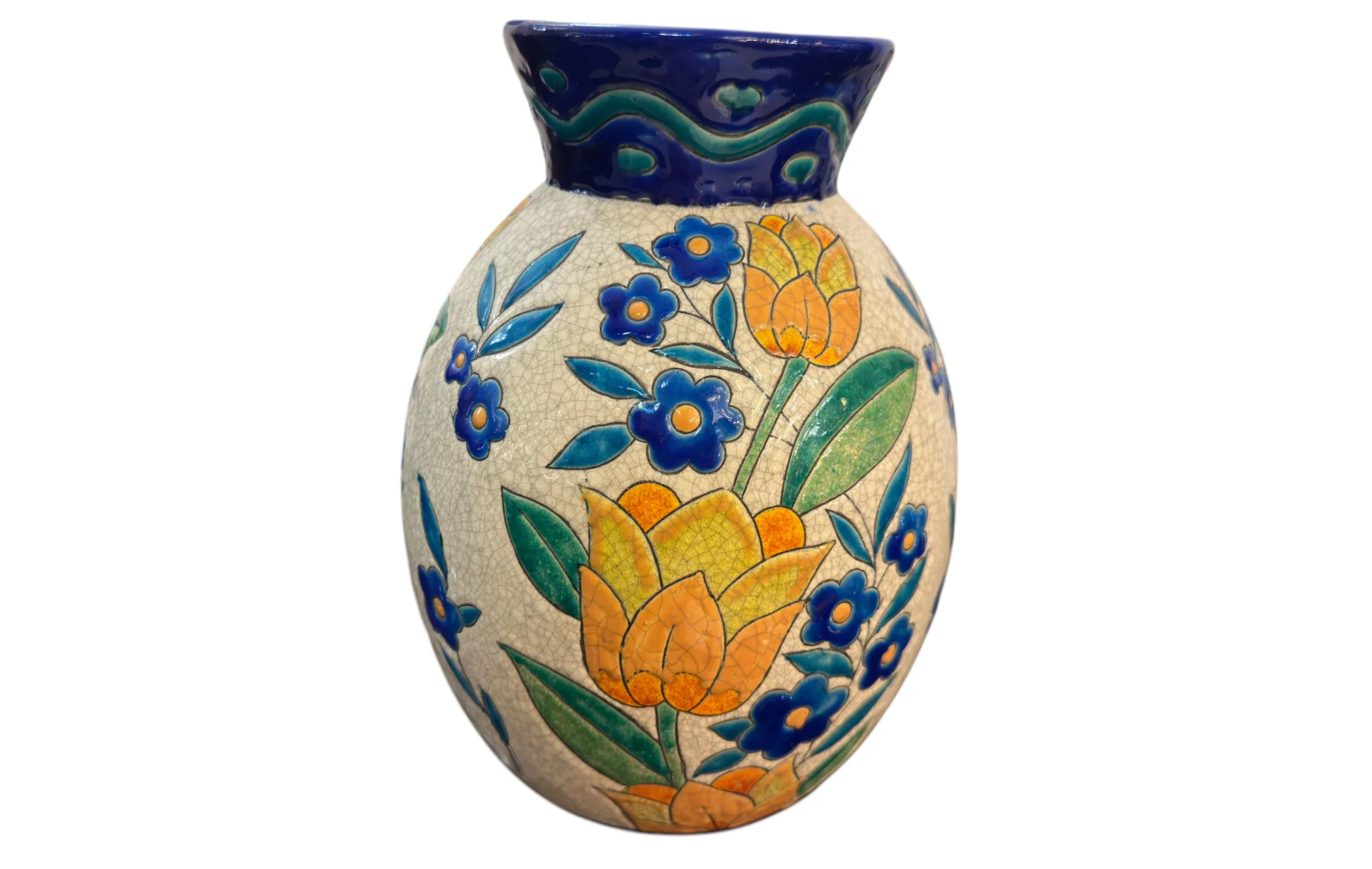 antique ceramic vase with orange and blue flowers