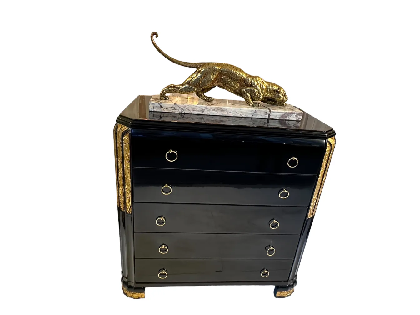 Antique black cabinet with gold accents and stylish decor.