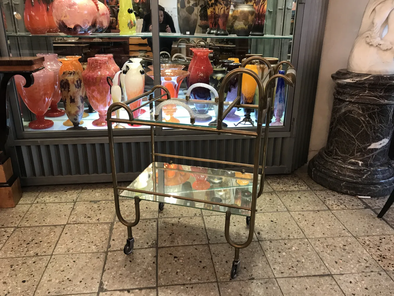 antique cocktail trolley with two levels and wheels, vintage setting