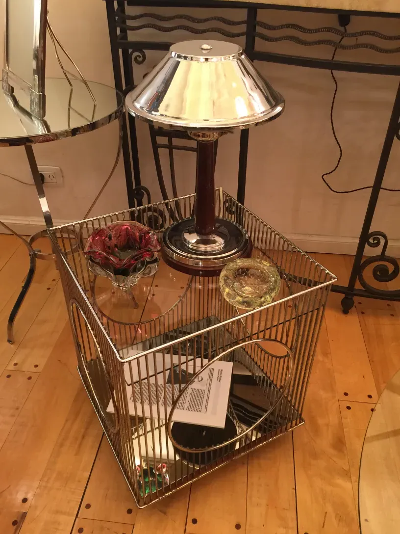 vintage cocktail trolley with lamp and decor items