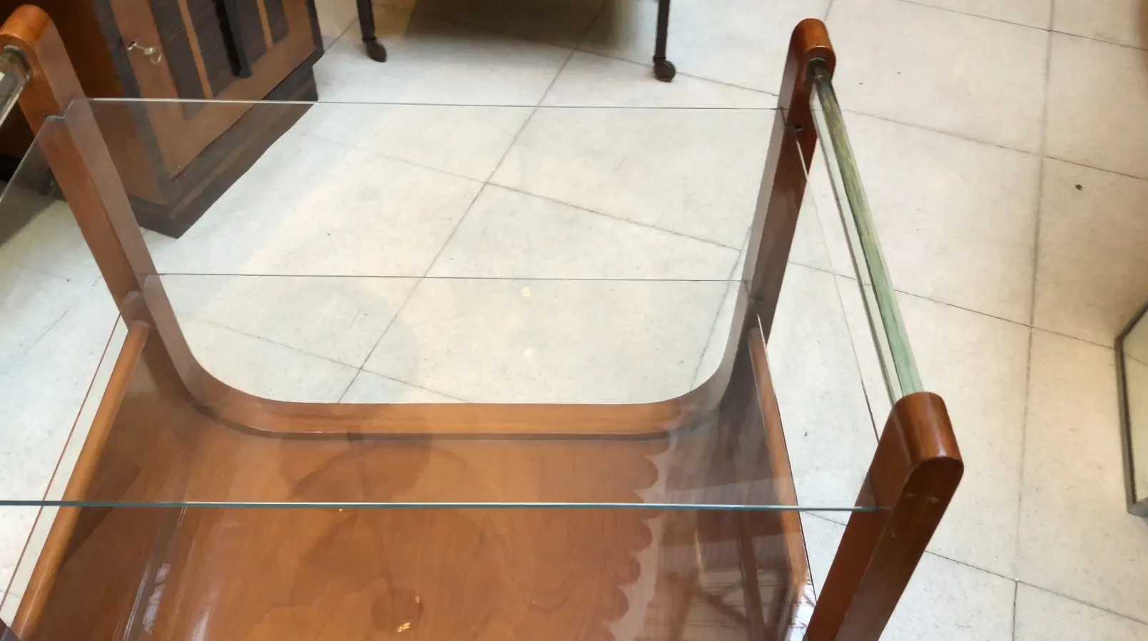 Antique cocktail trolley with wooden base and glass top