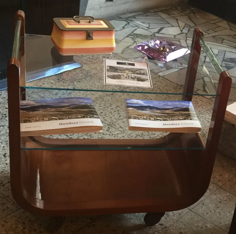 Antique cocktail trolley featuring glass shelves and books.