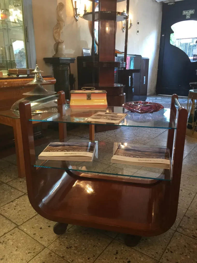 Antique cocktail trolley with glass panels and wood