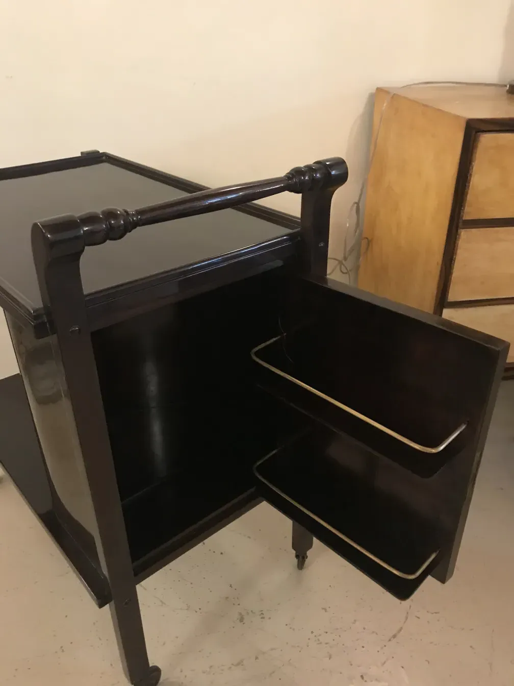 antique cocktail trolley with wooden drawers