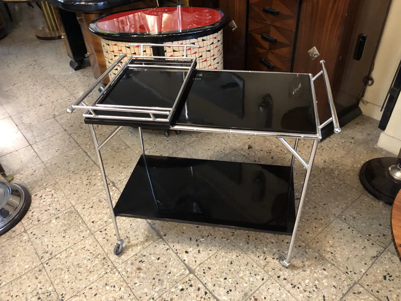 Antique cocktail trolley with two levels and removable tray.