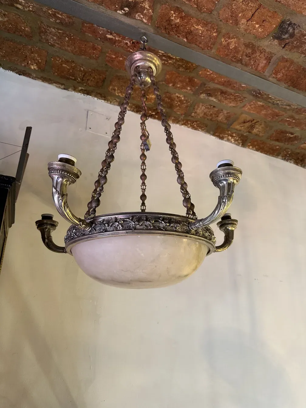 Antique hanging lamp with classic design, metal and glass, cozy atmosphere