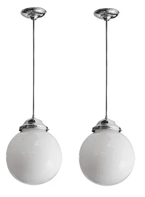 Antique hanging lamp with white spherical globes.