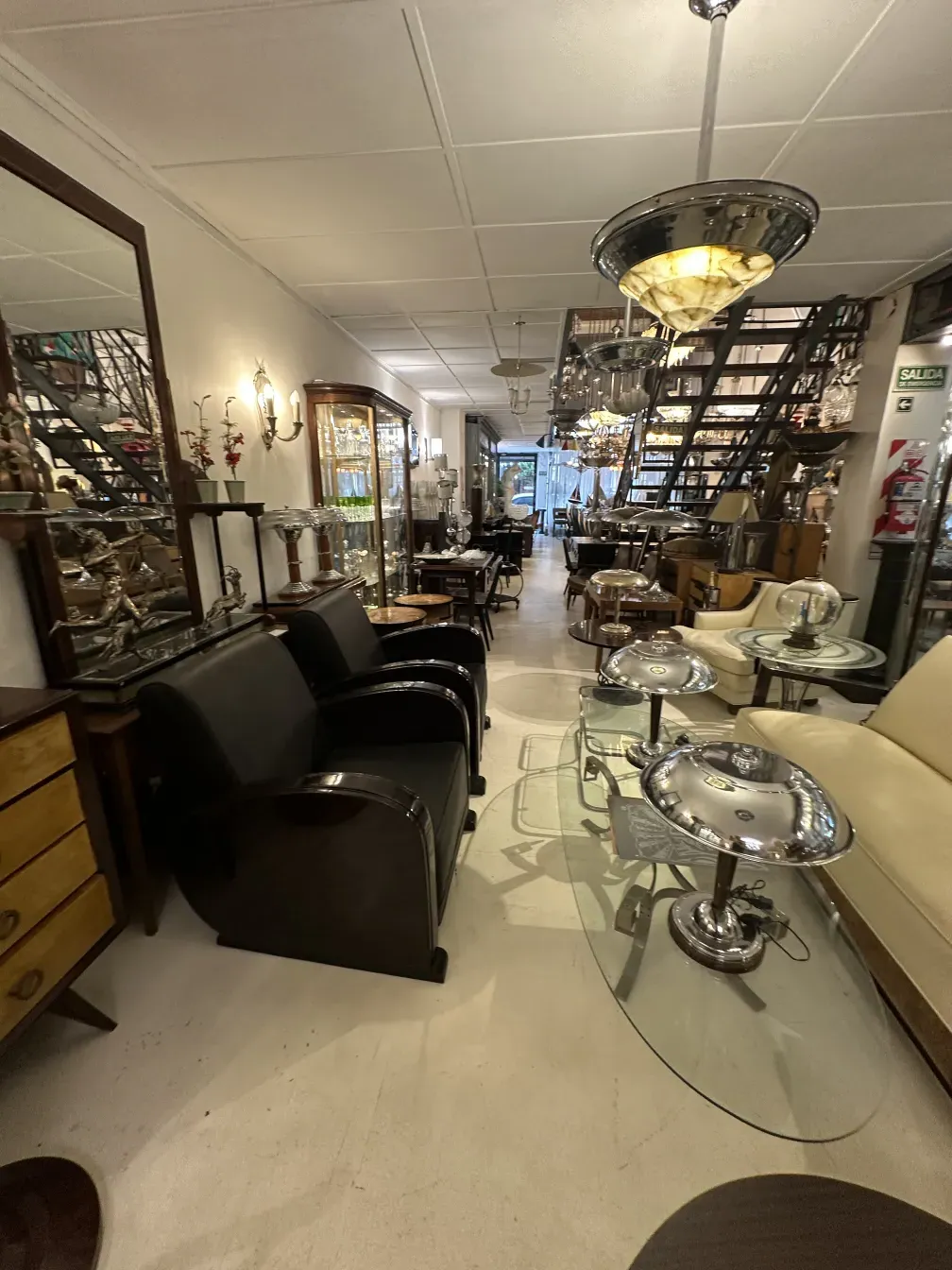 Antique hanging lamp with classic design in an antique store.