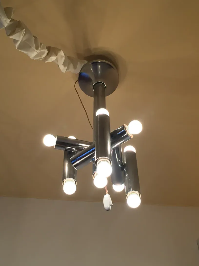 Antique hanging lamp with bright bulbs, decorative stylish.