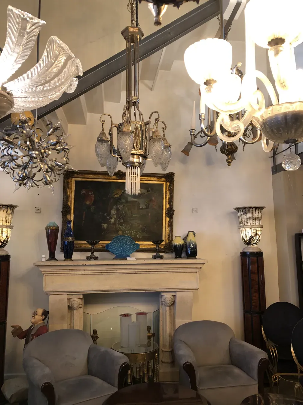 Antique hanging lamp with multiple lights in an elegant setting