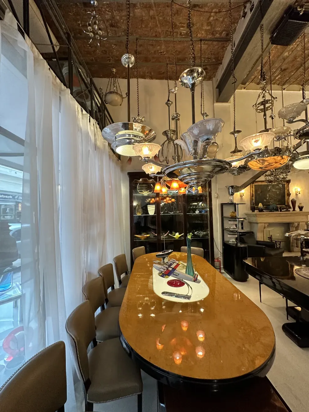 Antique hanging lamp with dangling lights in an elegant setting