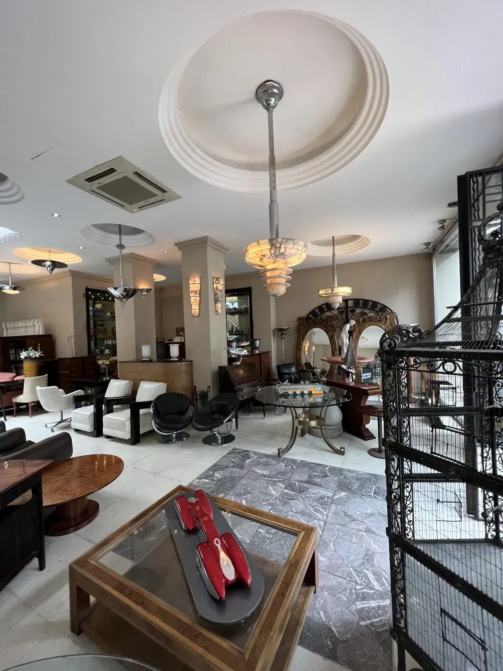 Antique hanging lamp in a stylish living room with furniture