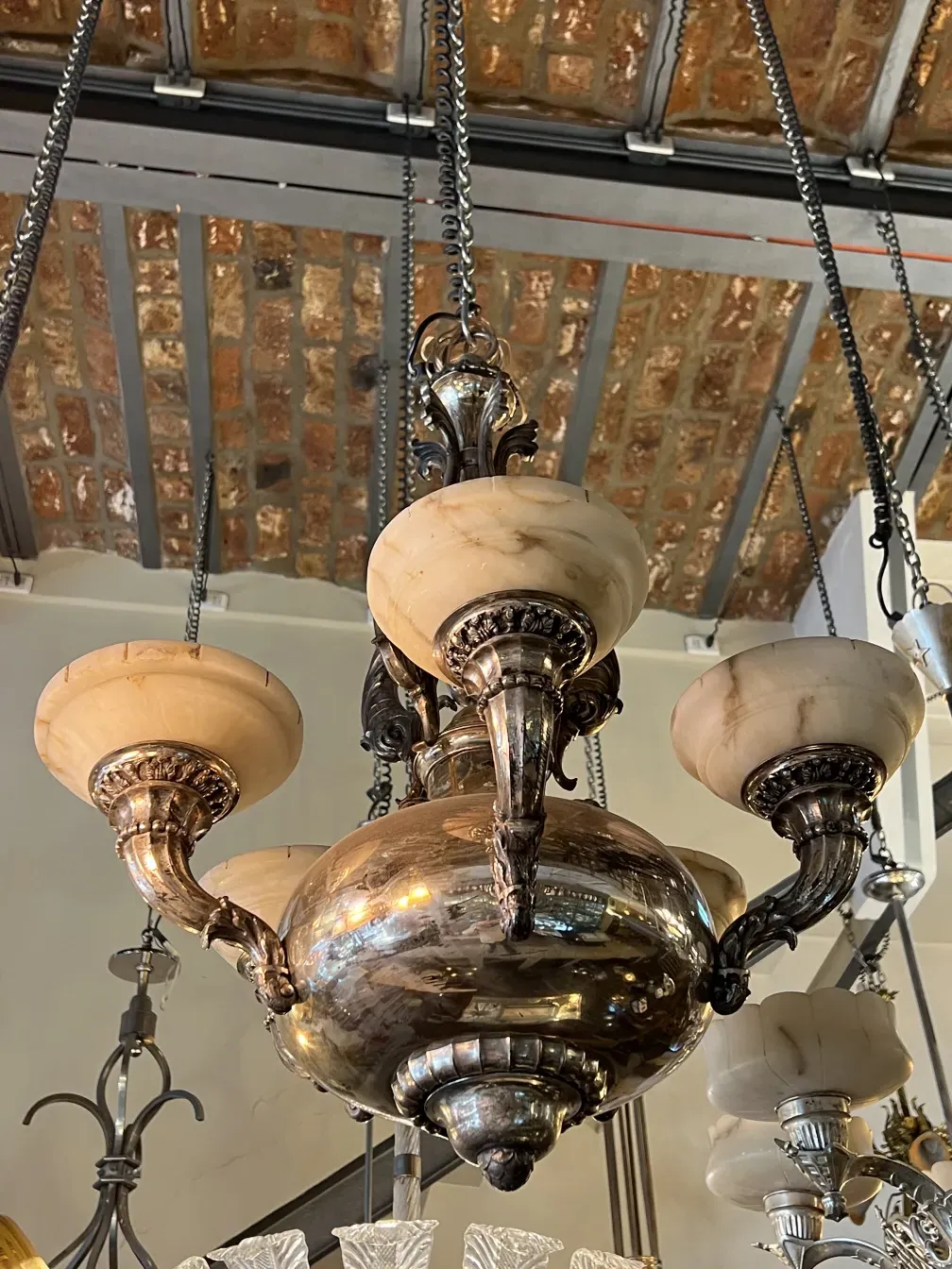 Antique hanging lamp with metal and crystal details