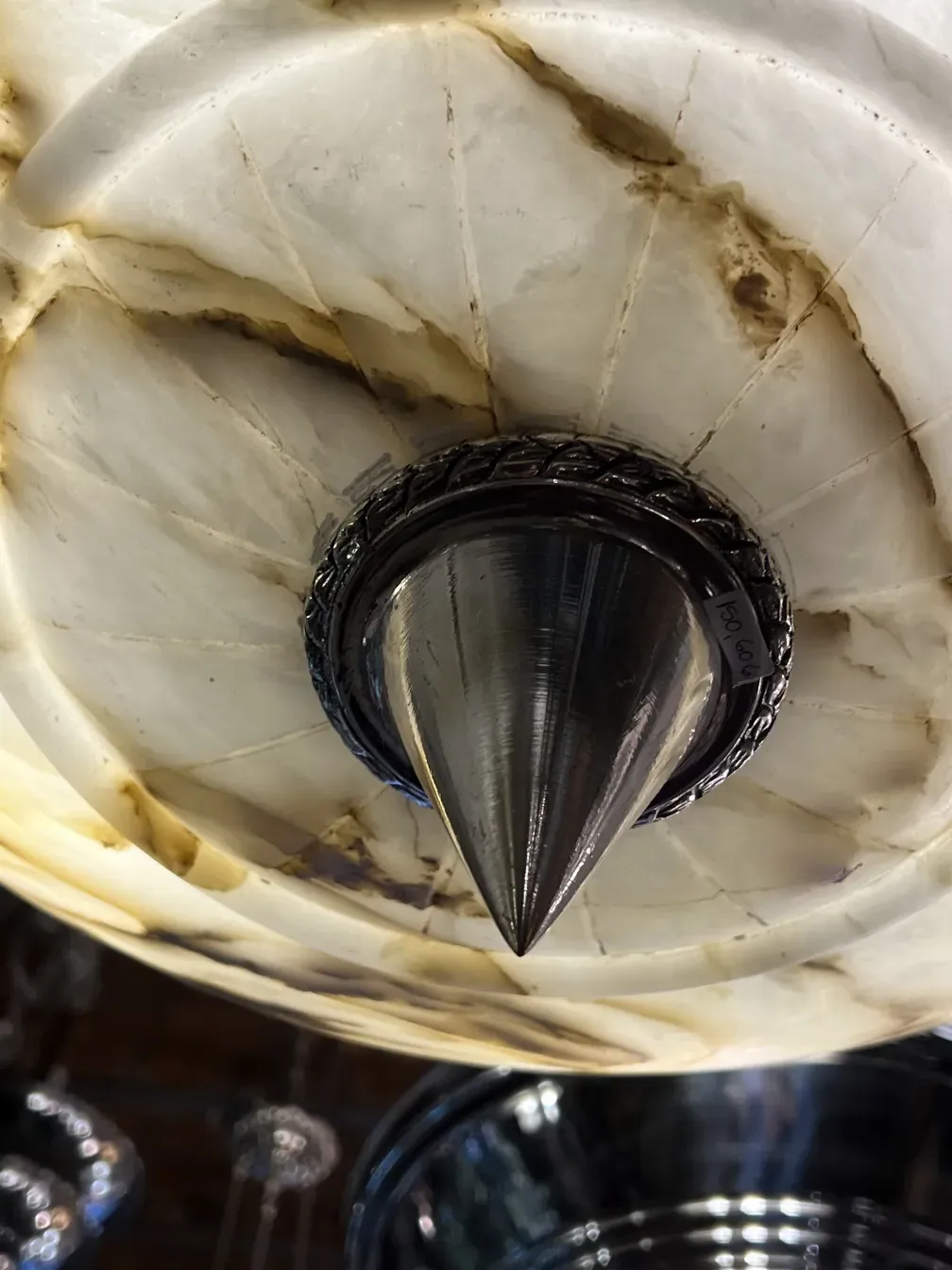 Antique hanging lamp made of alabaster with metal fixture