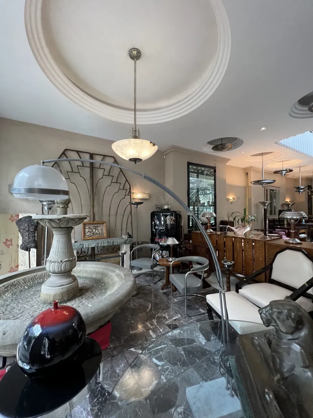 Antique hanging lamp in an elegant indoor space with detailing