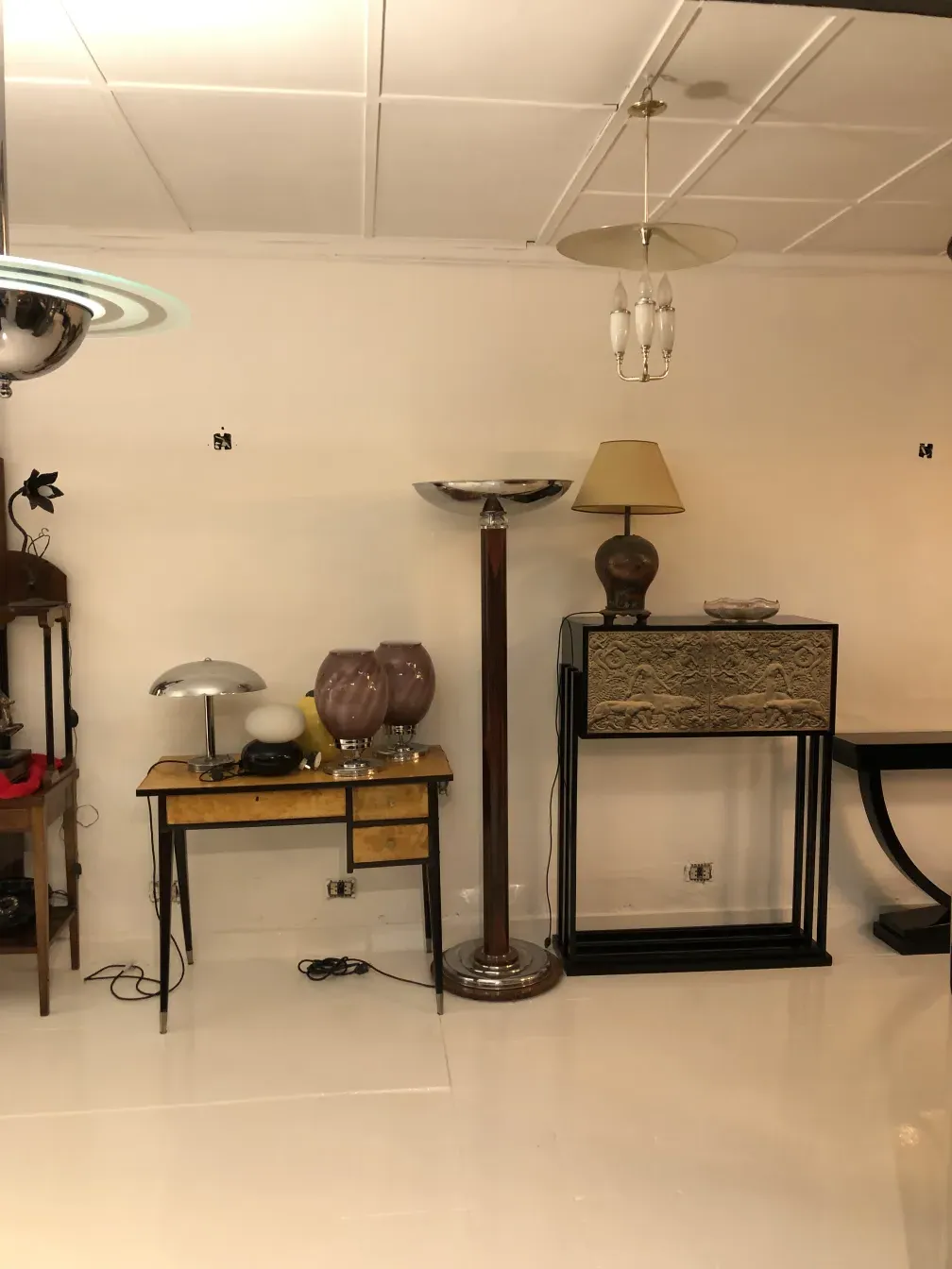 Shiny antique hanging lamp in a modern setting.