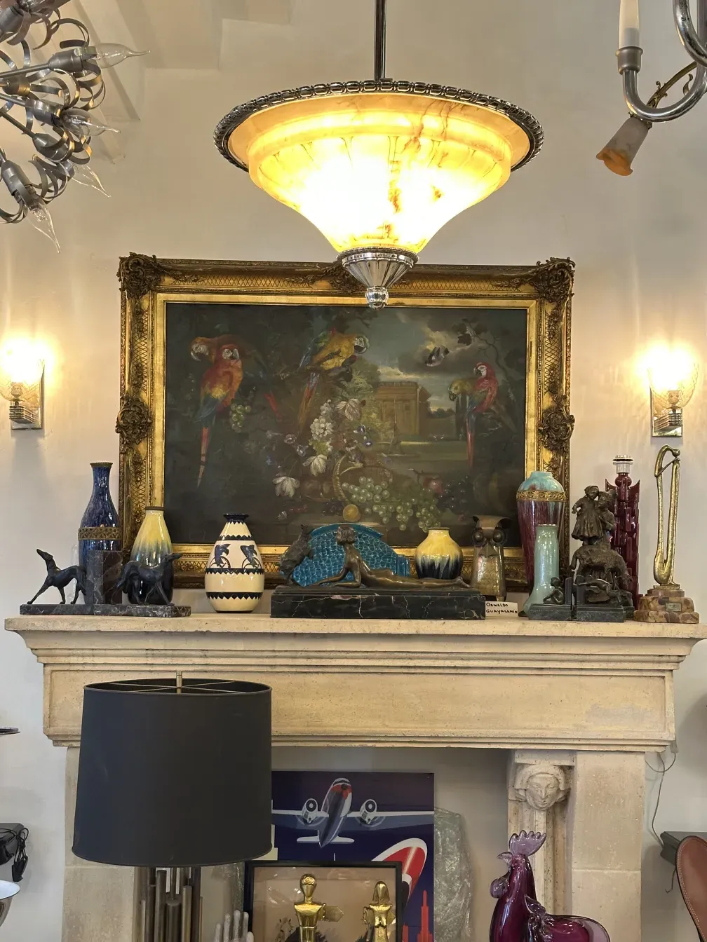 Antique hanging lamp emitting warm yellow light, classic ambiance.