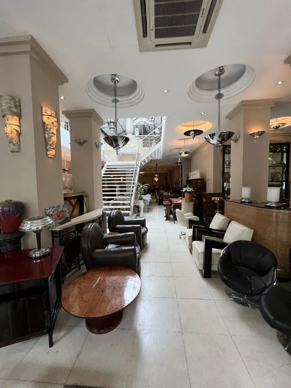 View of two antique hanging lamps in an elegant ambiente