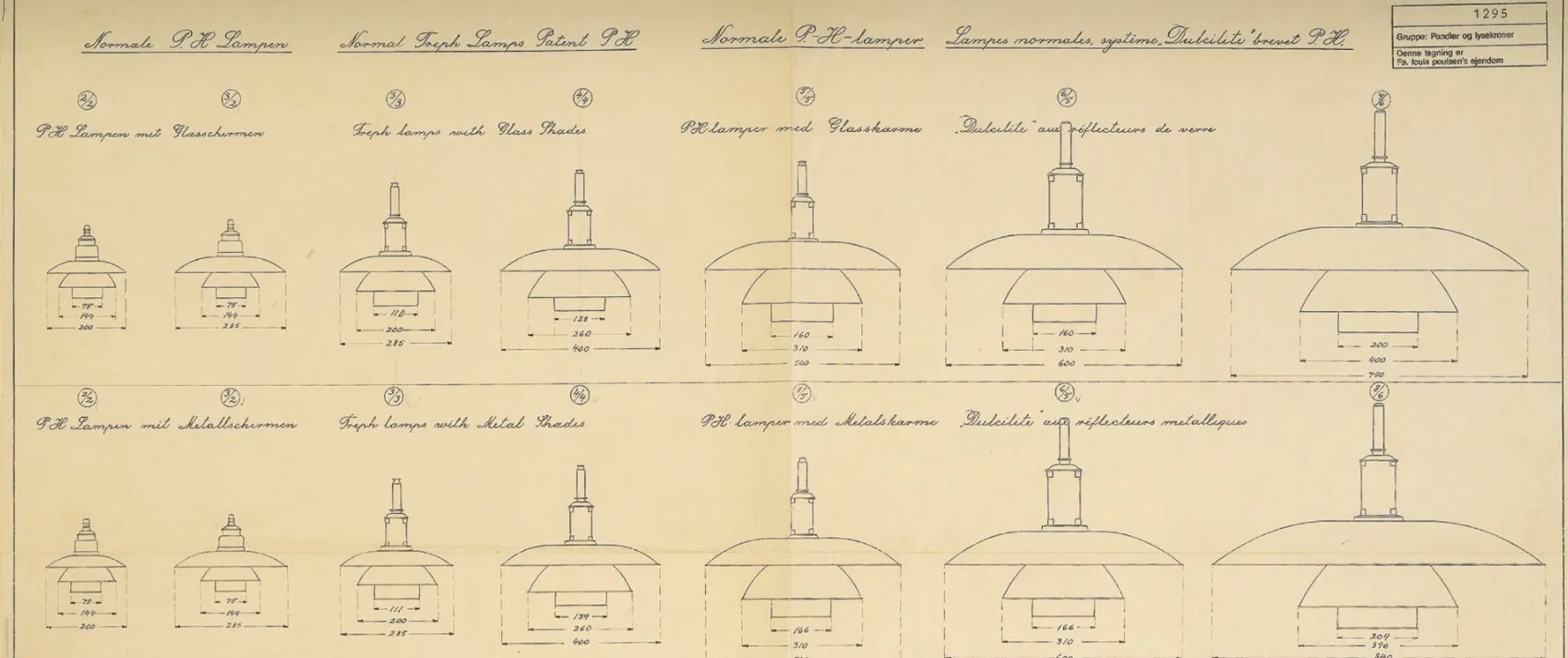 Technical drawing of 2 vintage hanging lamps, designed by Poul Henningsen.