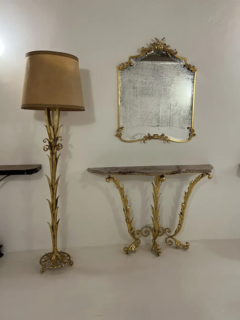 antique console table with mirror and lamp