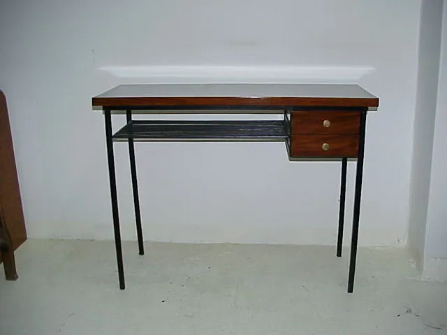 antique console with two drawers and a bottom shelf