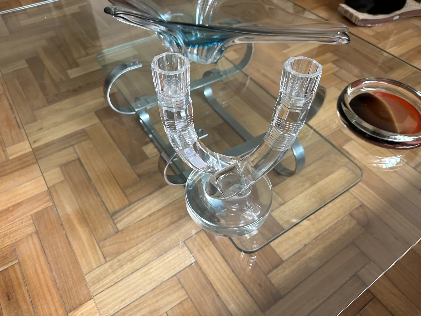 Glass candelabra with two arms, antique.