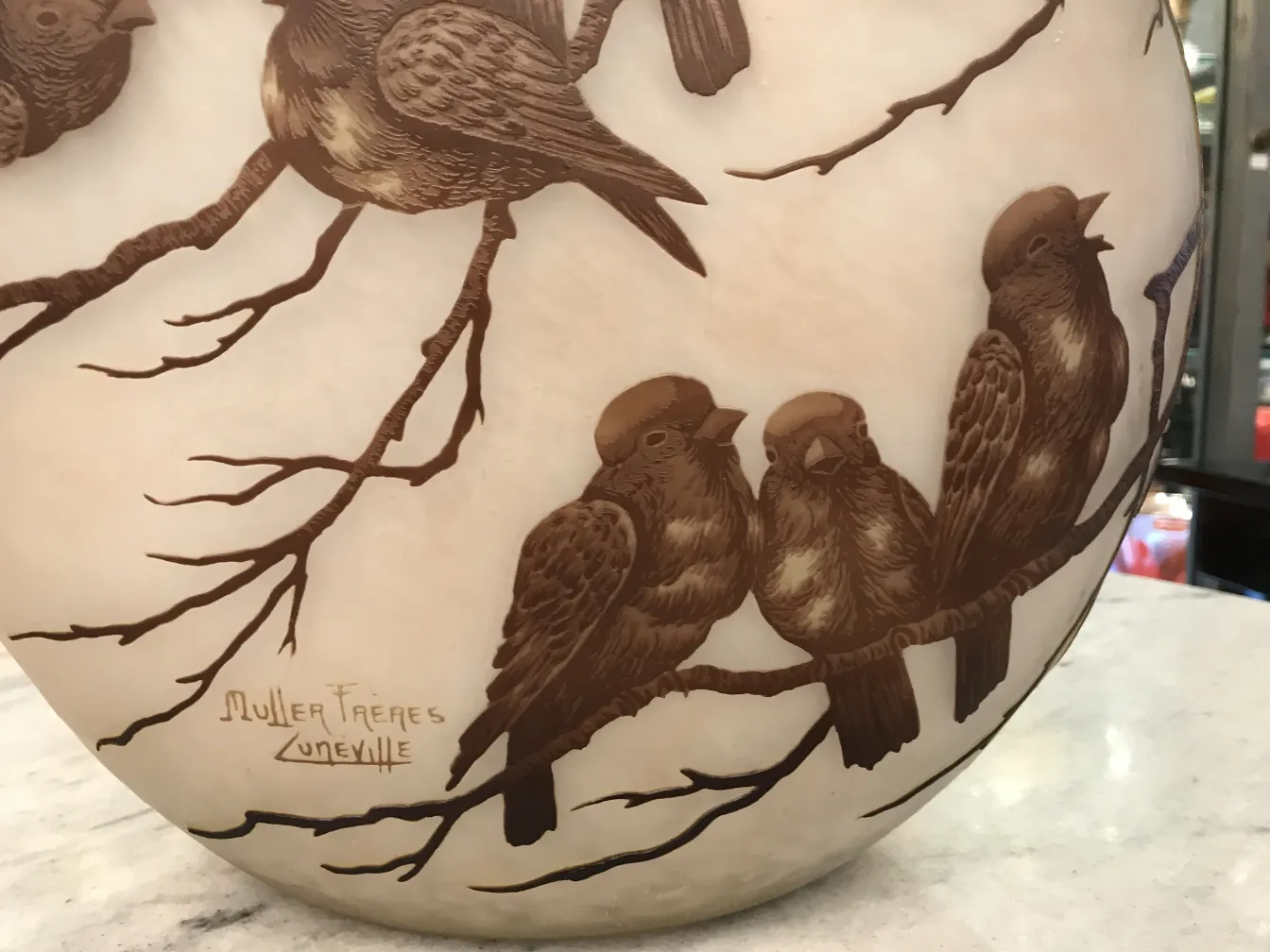 Vidro antigo assinado com pássaros em ramos, Muller Fres.